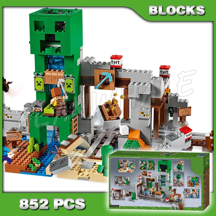 

852pcs Game My World The Creep Mine Blacksmith Shelter Working Rail Track 11363 Building Blocks Boys Compatible With Model
