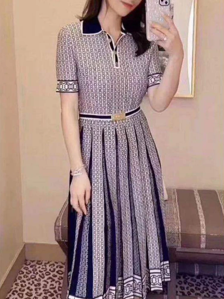 Women Dress 2022 Spring and Autumn New Print Lapel Knitted Stretch Women Casual A-Line Midi Dress 1 Women Dress 2022 Spring and Autumn New Print Lapel Knitted Stretch Women Casual A-Line Midi Dress 1