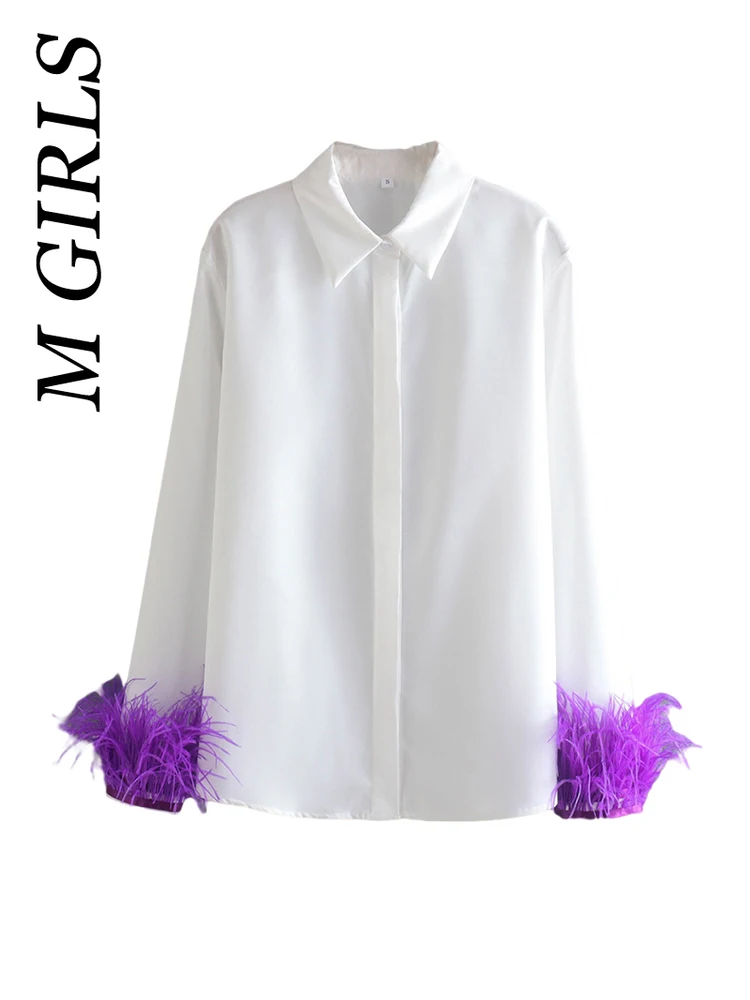 M GIRLS Women Fashion With Feathers Loose Poplin Blouses Vintage Long Sleeve Button-up Female Shirts Blusas Chic Tops