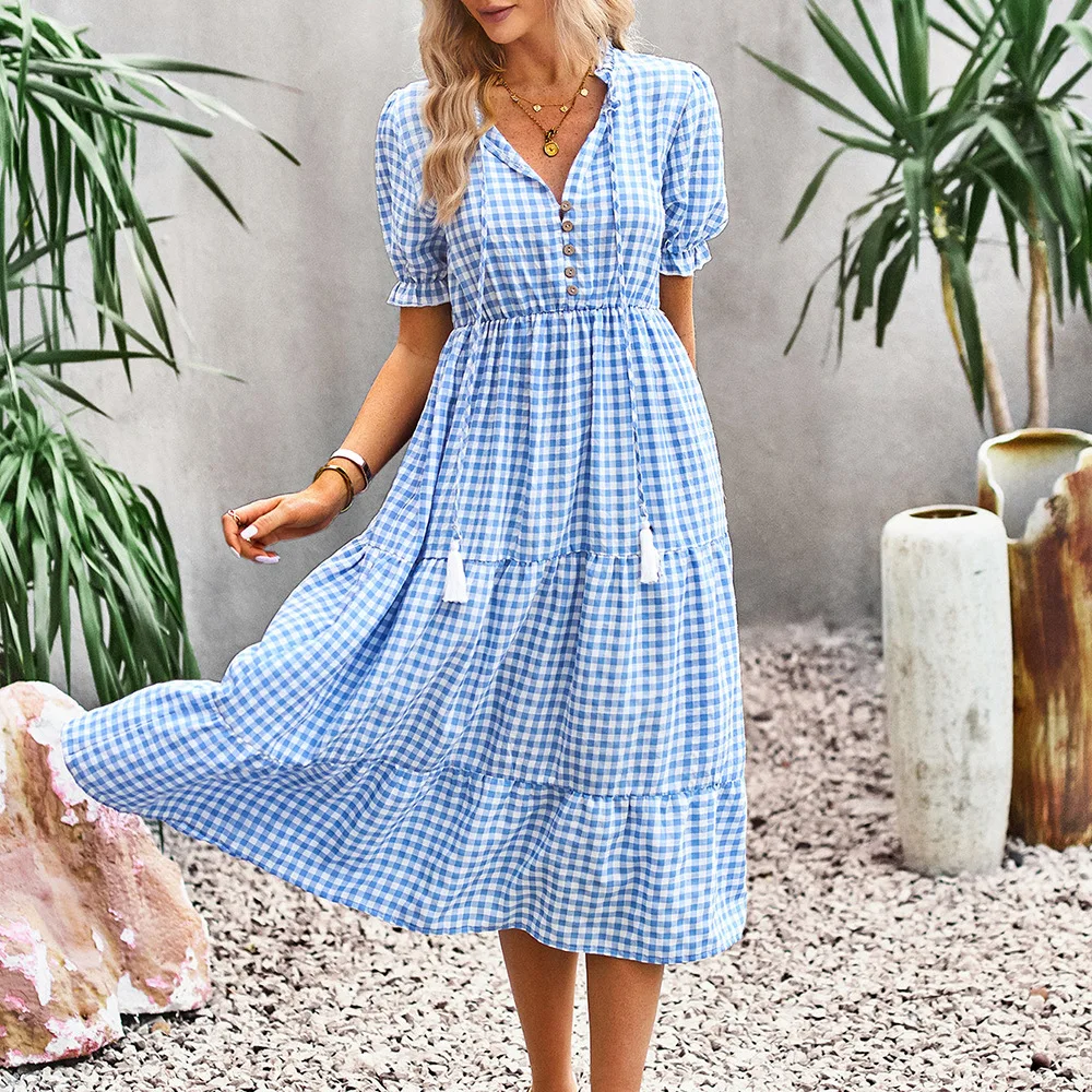 

Phantasy Women's Dress 2023 Summer Temperament Elegant Plaid Dresses V-Neck Long Skirt Holiday Girls Sexy Streetwear Clothing