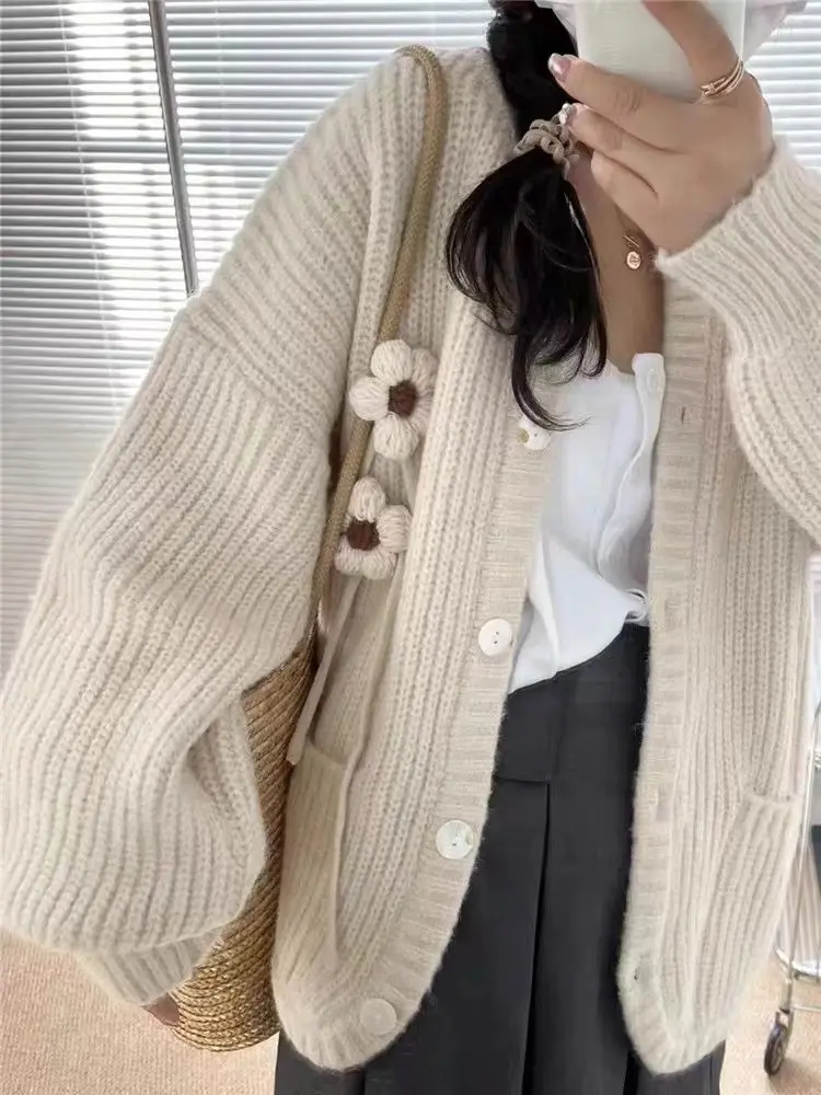 

Женский утепленный свитер в Корейском стиле, новинка, Мягкий Вязаный Кардиган для ленивых, Роскошный дизайнерский художественный розовый с...