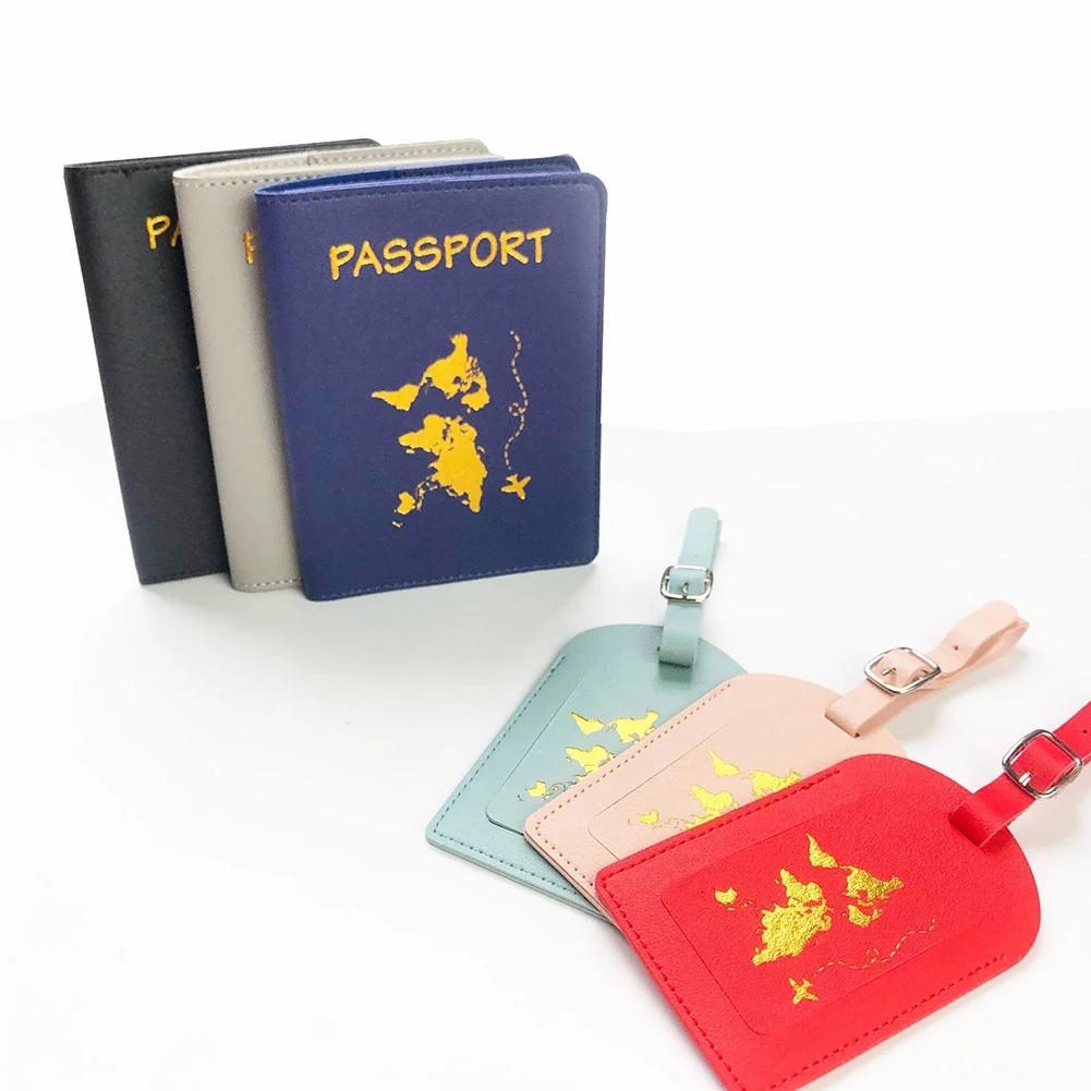 

1 Set PU Leather Luggage Tag Passport Case Hot Stamping Map Airplane Boarding Pass Passport Storage Bag Home Travel Organization