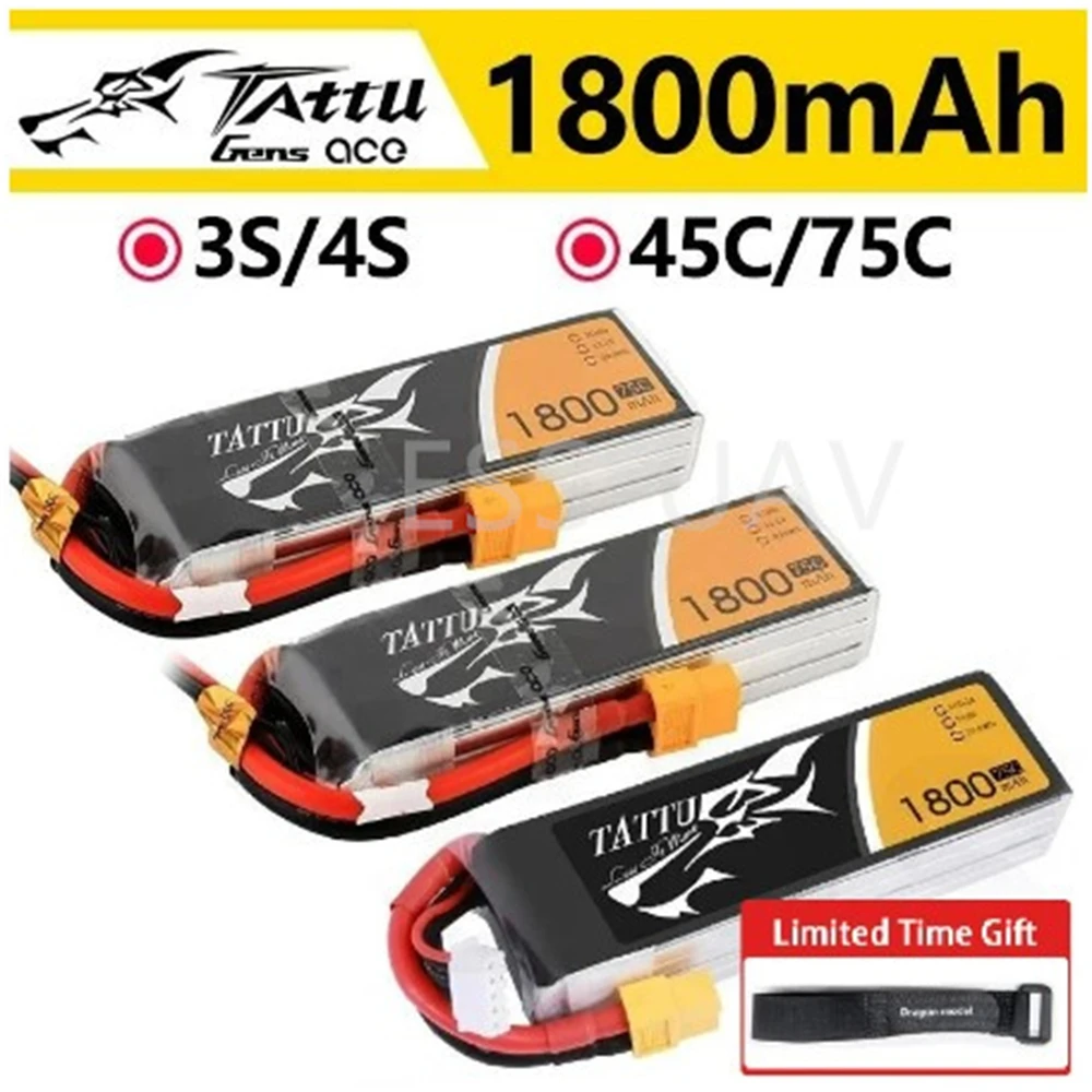 

ACE Tattu 1800mAh FPV LiPo Rechargeable Battery 3S 4S 45C 75C 1P for RC FPV Racing Drone Quadcopter Drone Batteries