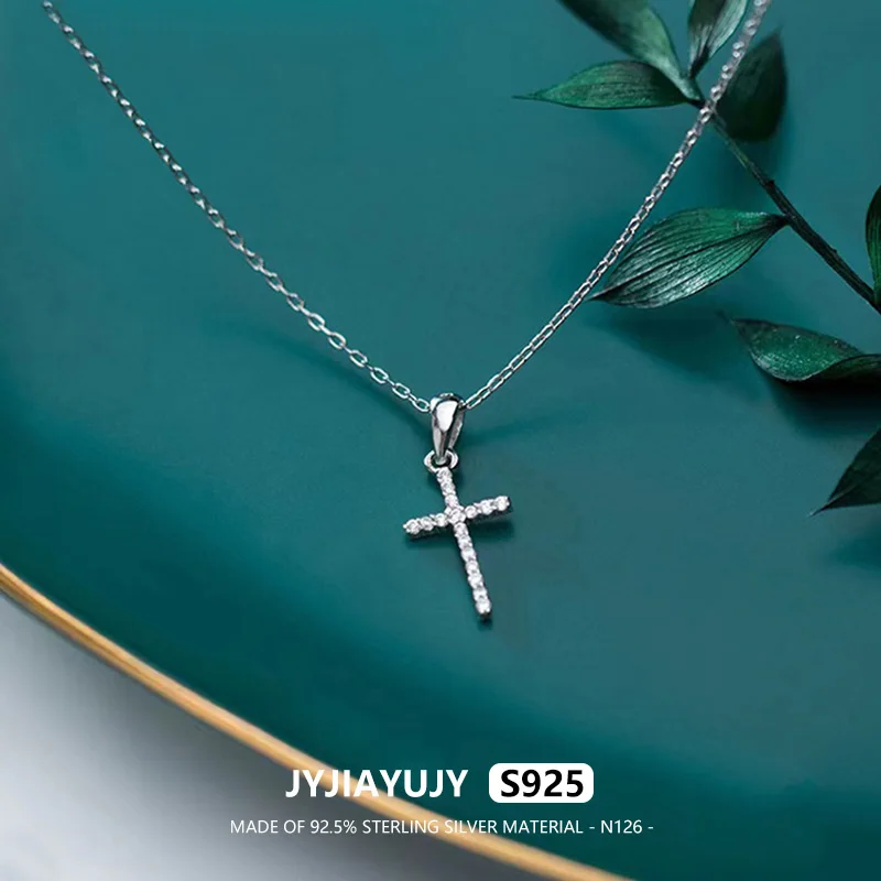 

JYJIAYUJY 100% Sterling Silver S925 Necklace Cross Shape White Zircon Casual Trendy Hypoallergenic Female Fine Jewelry Gift N126