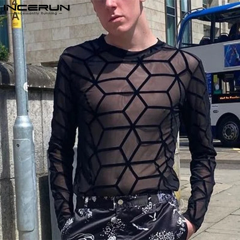 

New Men's All-match Long Sleeve Skinny Camiseta Fashion Casual WelI Fitting Tees Male Net Yarn T-Shirts S-5XL INCERUN Tops 2022