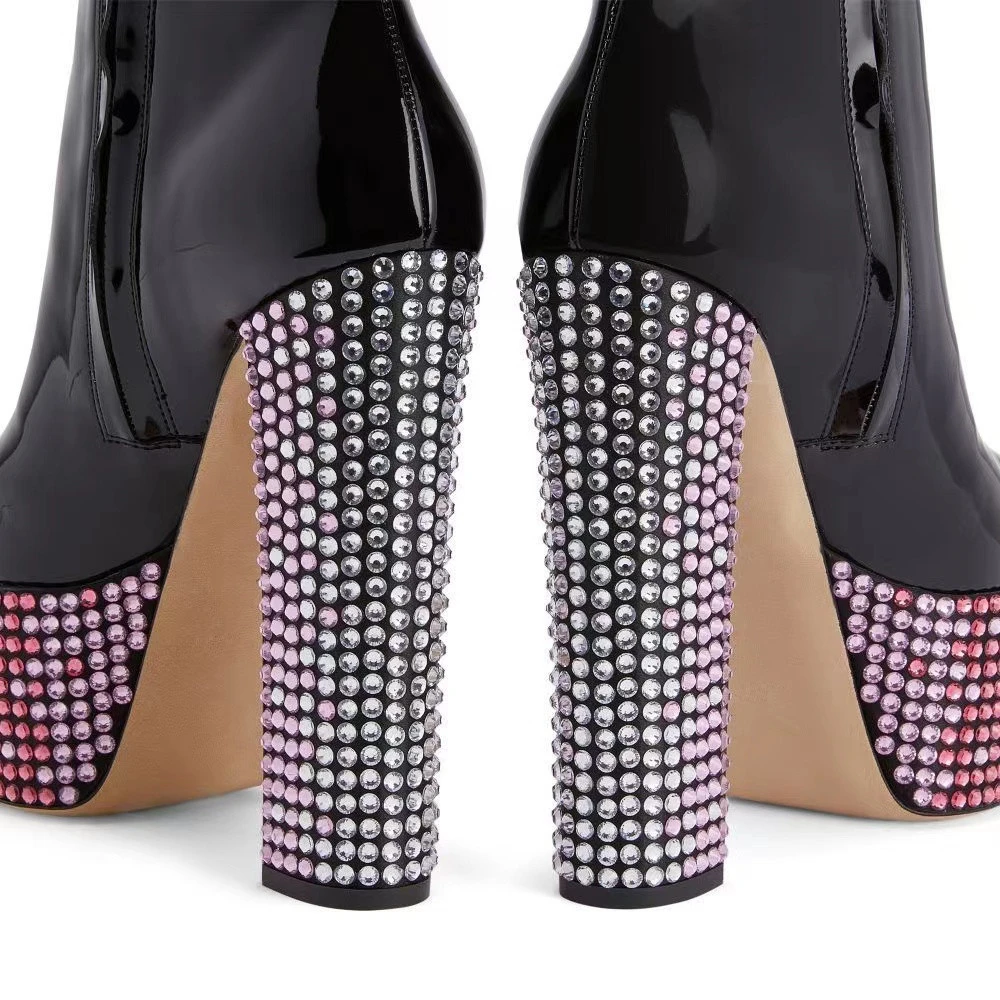 Sexy Women's Boots Crystal Chunky Heel Shoes 2023 Ladies Party Fashion Short Boots Female High Heels Colored Rhinestones Boots