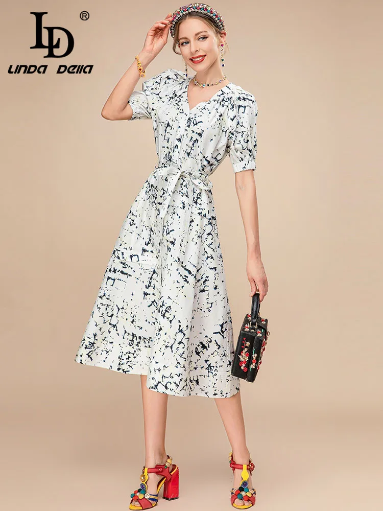 

LD LINDA DELLA 2023, новое модное подиумное летнее платье, женское однобортное платье миди с коротким рукавом и поясом, праздничное платье с принтом