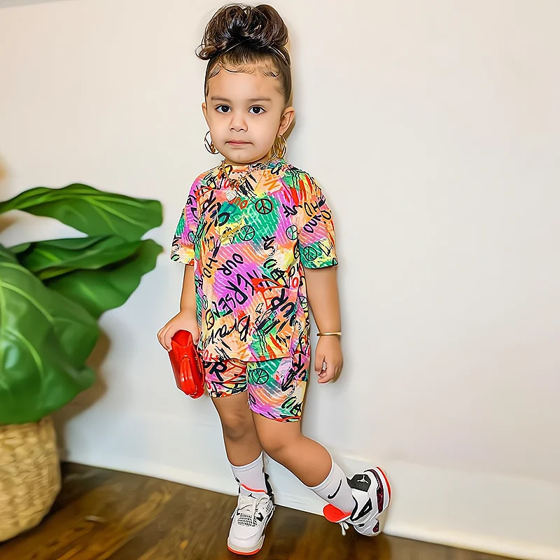 

Kids Summer Clothes Girls Short Sleeve T-shirt +Shorts 2pcs/set 2022 Children's Rainbow Casual Sportswear Clothing Outfits 1-8Y