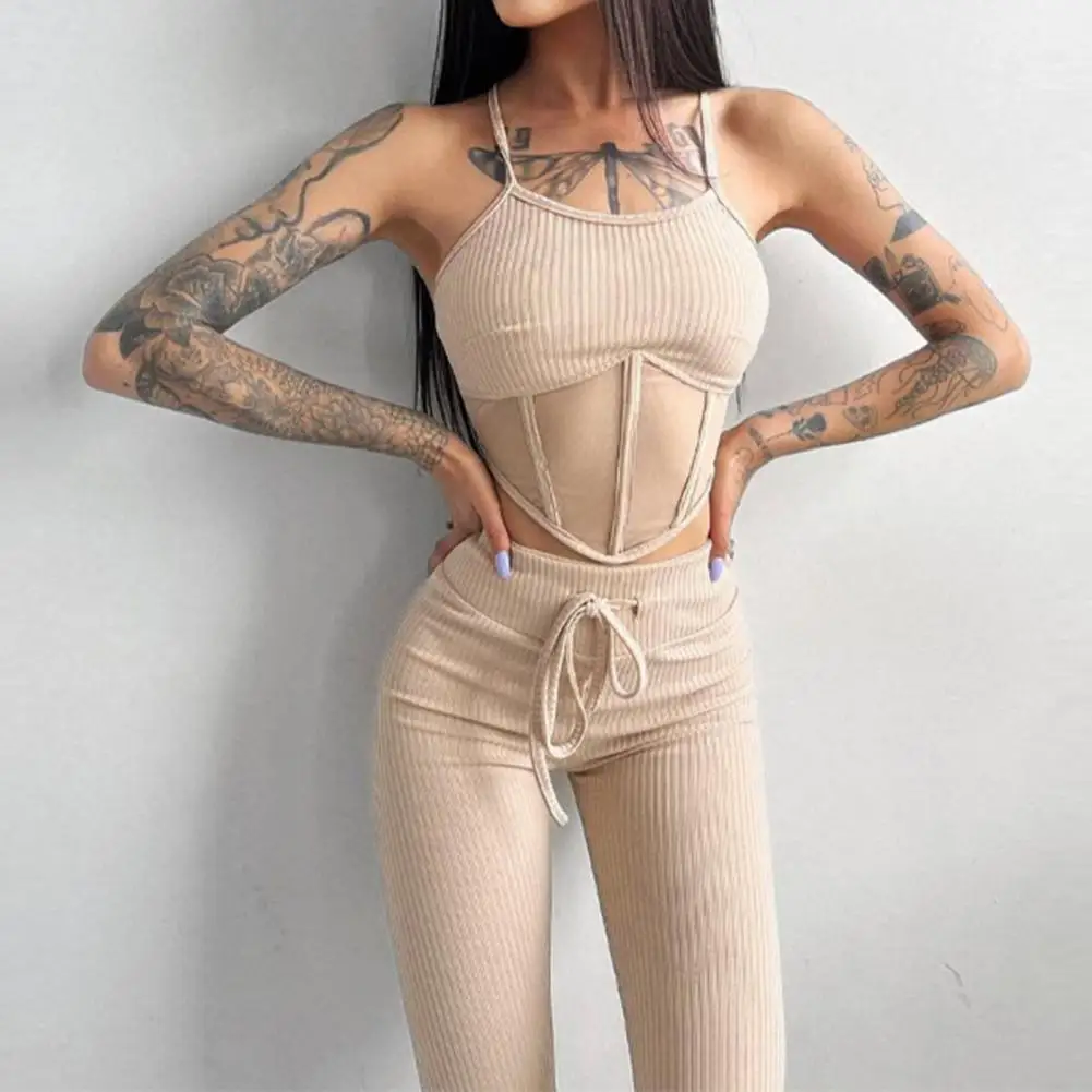 

Женский спортивный костюм, однотонный прозрачный сетчатый топ без рукавов, на бретелях-спагетти, брюки, комплект для бега, 2 шт./компл.