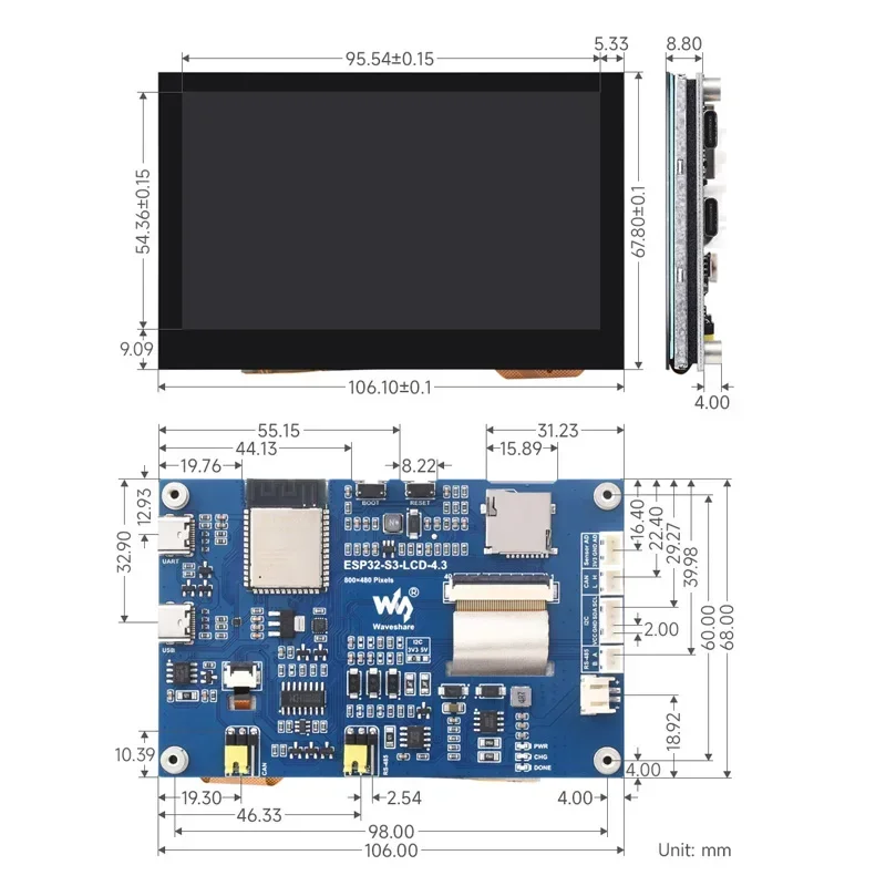 ESP32-S3 4 3 дюйма емкостный сенсорный дисплей макетная плата 800 × 480 32-разрядный LX7