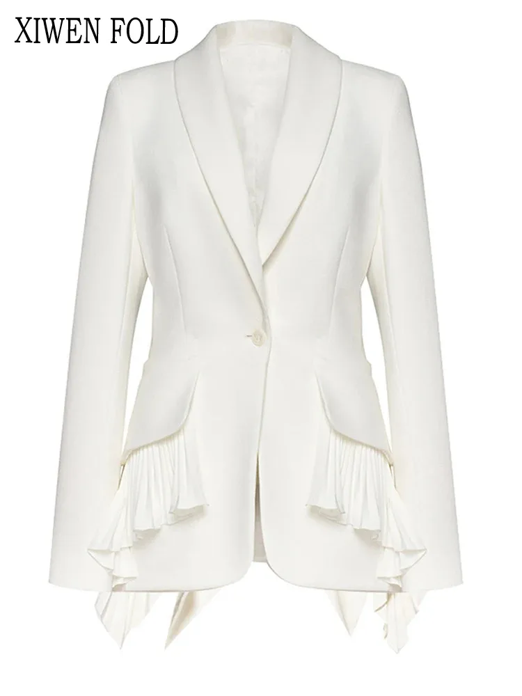Wenną XIWEN-damską nieregularną plisowaną falbaną elegancka marynarka z długim rękawem i klapami Fashion Tide wiosna jesień nowość 2024