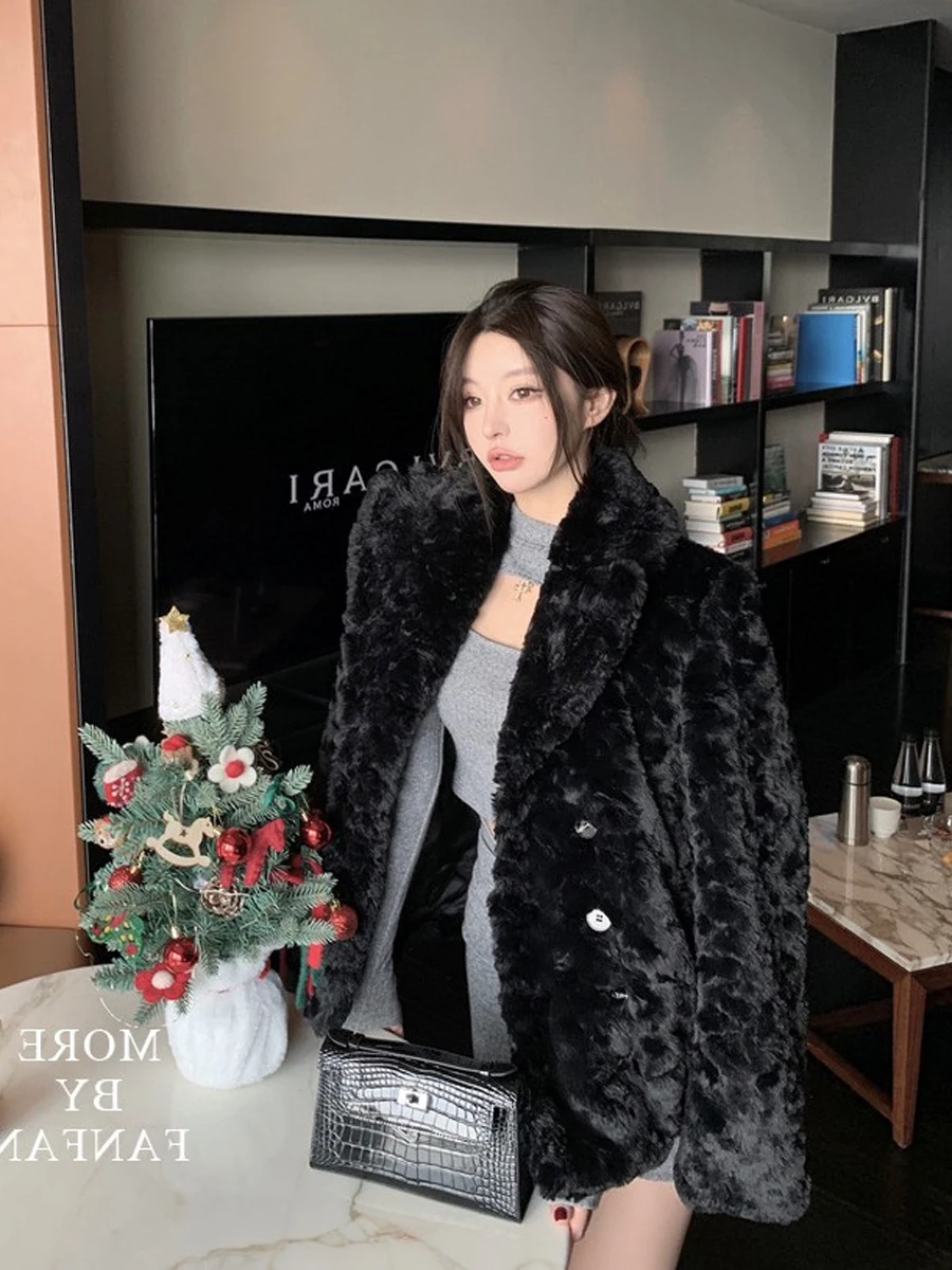 New Imitation Lamb Plush Coat Environmental Protection Faux Fur Winter Elegant Solid Color Long Sleeve Jacket Overcoat