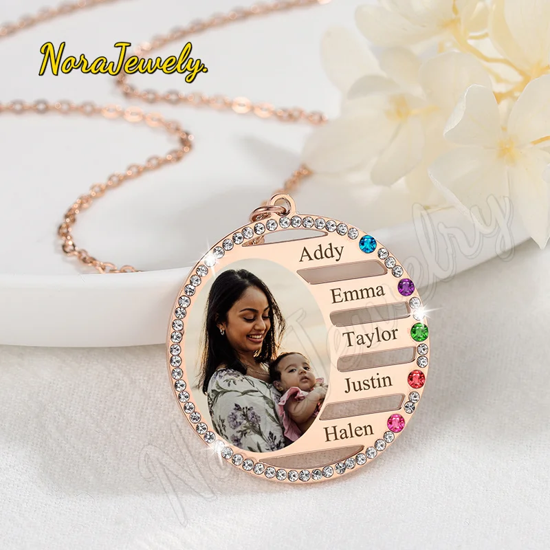 NORAJewelry Personalized NameNecklace For Family Gift Birthstone Crystal Pendant Engrave Necklace Custom Stainless Steel Jewelry
