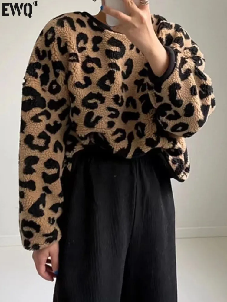 

Женская свободная толстовка [EWQ], теплая толстовка из овечьей шерсти с круглым вырезом и леопардовым принтом, свободного покроя, с длинным рукавом, топ, Осень-зима 2023, 16U6452