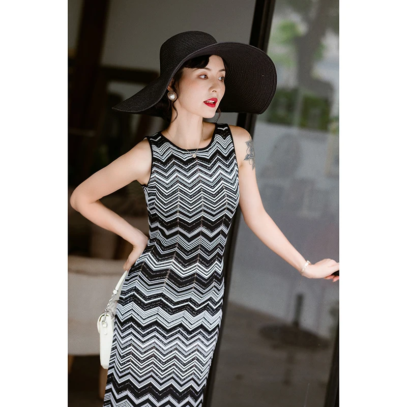 

Knitted Summer Thin Section Wave Three-dimensional Stripes Jacquard Print Thin Sleeveless Knitted Dresses Formal Women Clothing