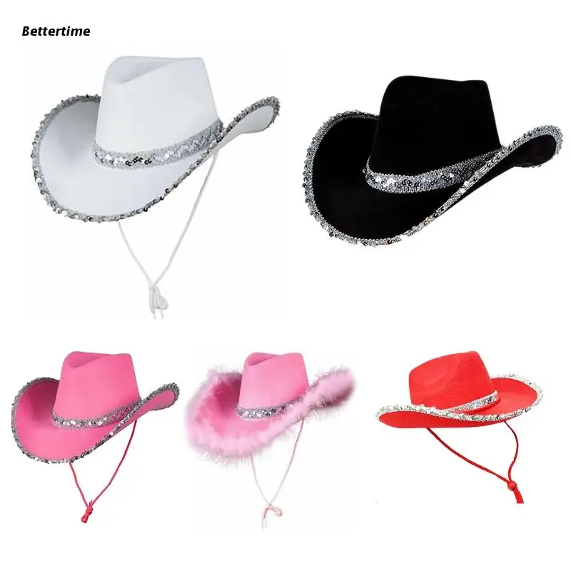 B36D-Sombrero de vaquero con lentejuelas para mujer, accesorio de fiesta