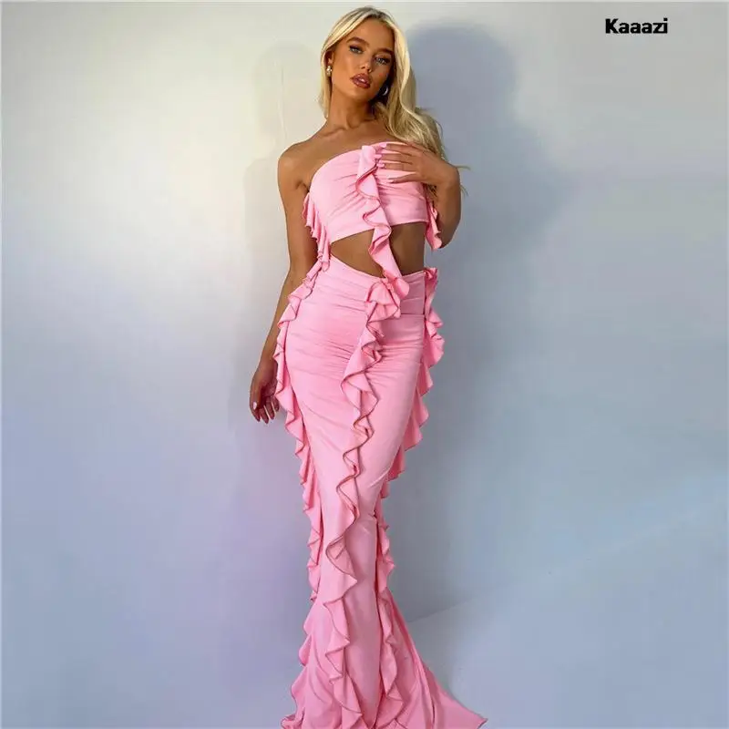 

Sleeveless Crop Top Strapless And Skirt Two Piece Sets Ladies Chic Edible Tree Fungus Backless Gown Slim Party Club Prom Summer