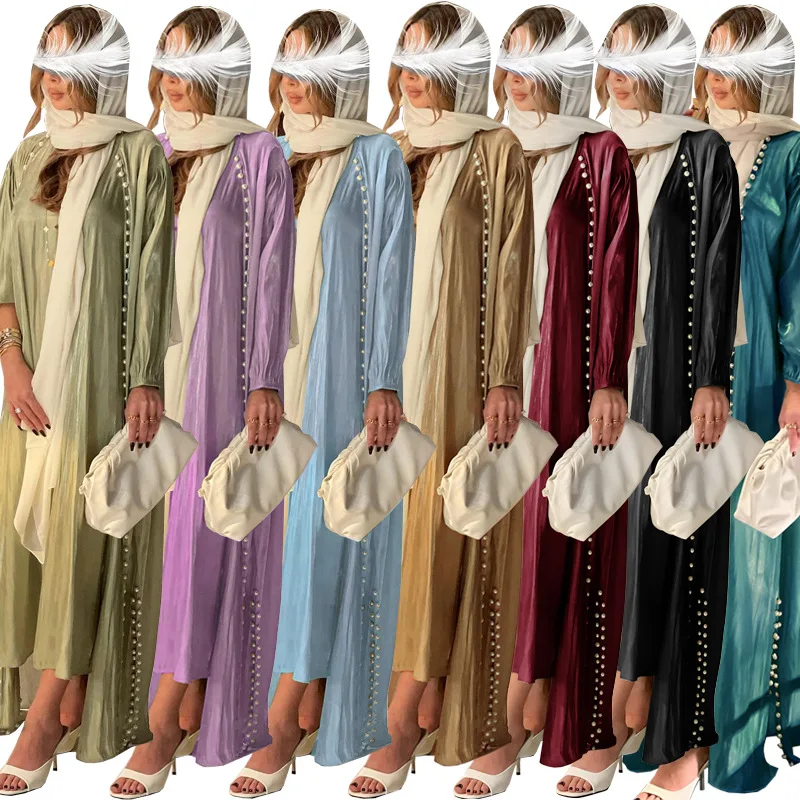 

Muslim Abaya Sets 2 Pieces Dress Shiny Silk Cardigan Kimono Long Robe Gowns Jubah Middle East Ramadan Eid Mubarak Arab Islamic