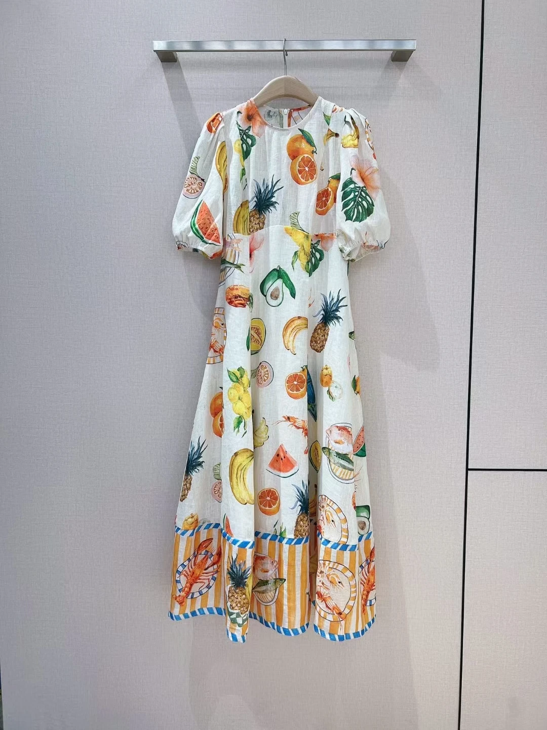 2023 Summer High Quality 100% Linen  Fruit Printed Maxi Long Holiday Dresses Women Puff Sleeve