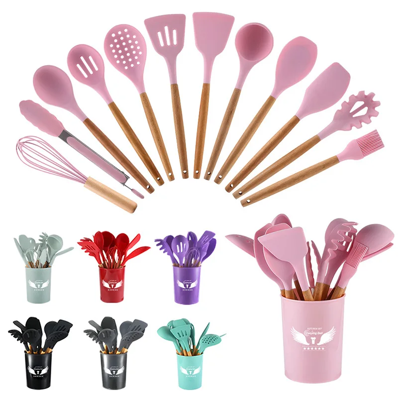 

11-Piece Set Of Non-Stick Spatula And Spoon Cooking Set With Kitchenware Storage Bucket 12 Pieces Silicone Kitchenware