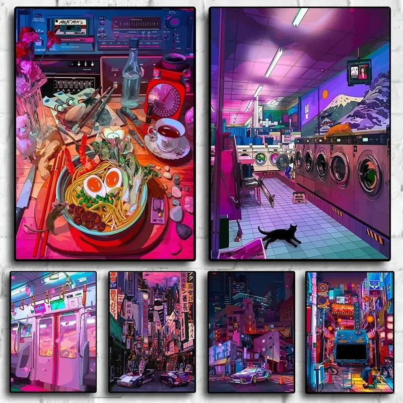 Ночной неоновый город постер стиль 80-х годов иллюстрация фэнтезийная