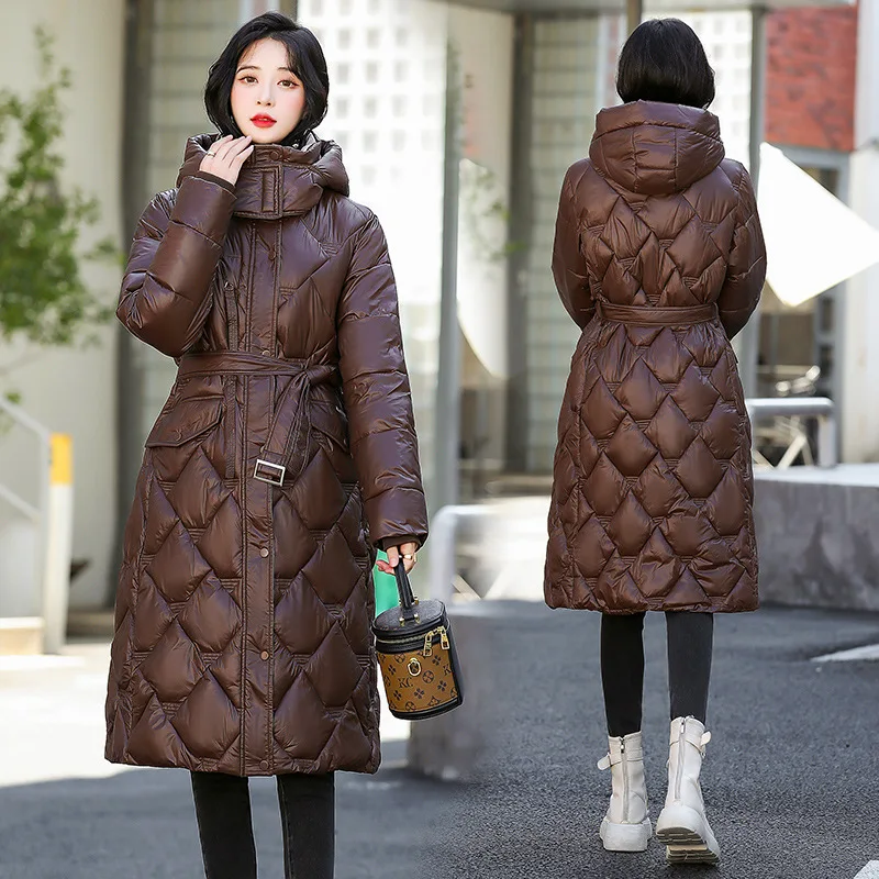 New Glossy Down Cotton Coats Women Winter Korean Fashion Tops Long Slim Thicken Warm Padded Jacket Female Clothing Hooded Parkas