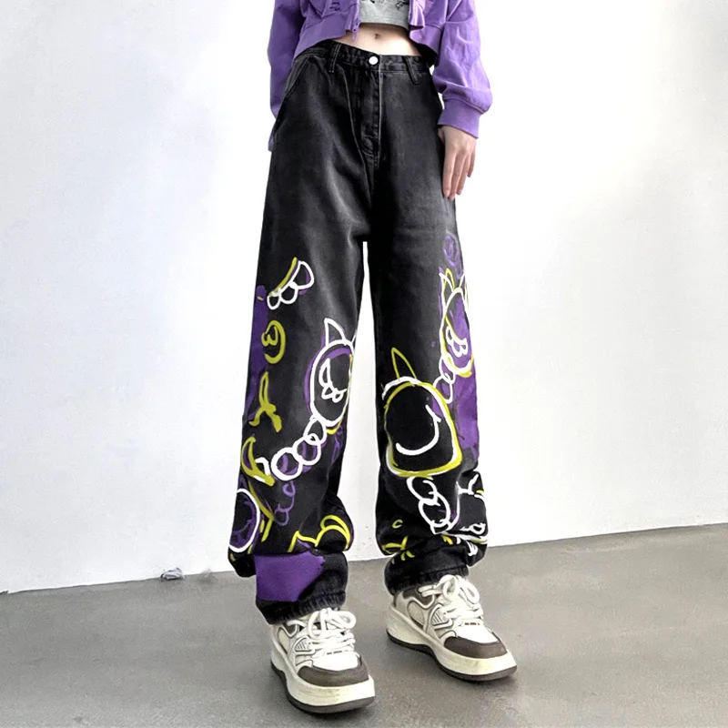 Women's  Wide Leg Jeans Baggy Streetwear Cartoon Graffiti Print Wide Leg Jeans Casual Neutral pants Men's and Women's Trousers