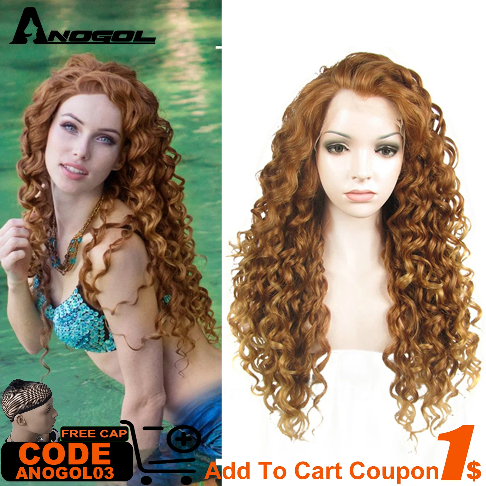 ANOGOL Synthetic 26INCH Long Kinky Curly Blonde Lace Front Wig Purple Pink Orange Black Wavy Free Part  Lace Wig For Women