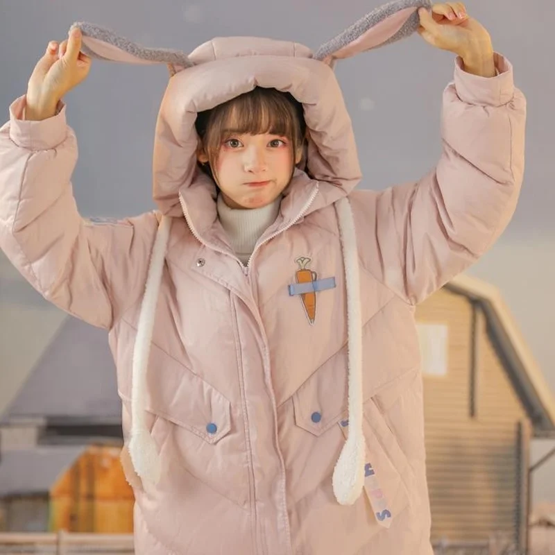 Female Students Sweet Korean Mid-length Thick Cotton-padded Jacket Kawaii College Style Cute Rabbit Ears Cotton-padded Jacket