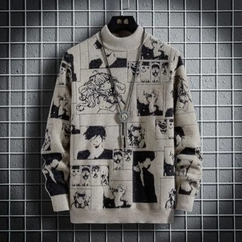 

Sweater Men Anime Men's Oversize Sweaters Mens Jumper Long Sleeve Knit Pattern Harajuku Pullovers Male Clothes Gothic Clothing