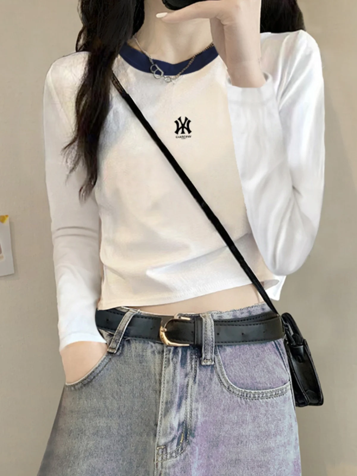 Long sleeves Shirt Women Western Sle Short Gyaru High Waist Early Autumn Inner wear Contrast Color Basic Pure Cotton ...