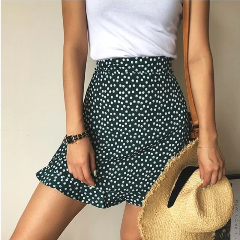 

Летняя женская пляжная пикантная мини-юбка в стиле бохо, женская повседневная юбка с цветочным принтом и оборками на подоле, юбки с высокой ...