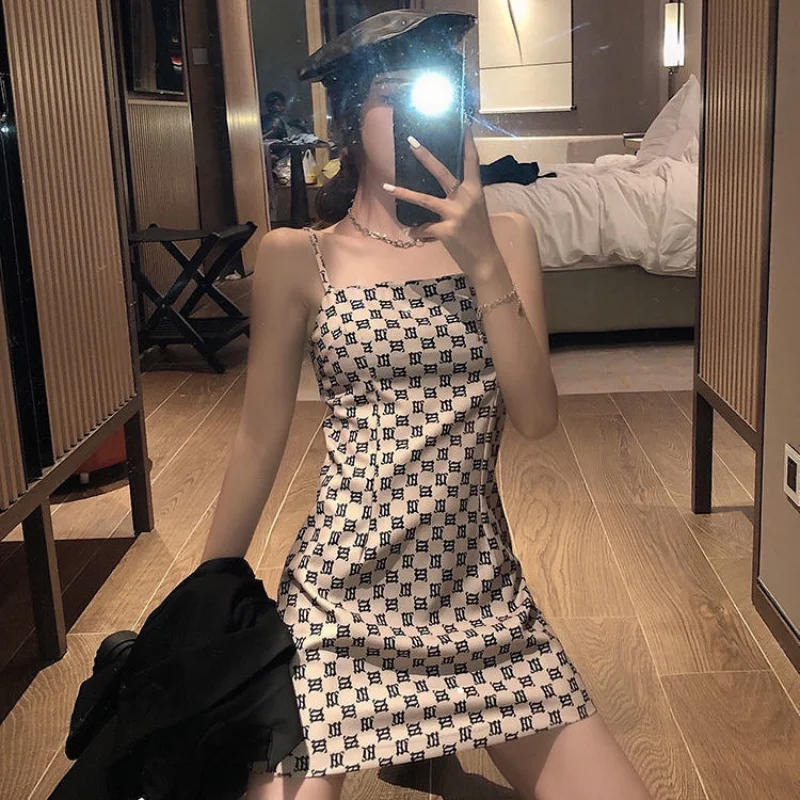

Женское платье в клетку, привлекательная летняя юбка в Корейском стиле на бретелях-спагетти, облегающая юбка, новинка 2023