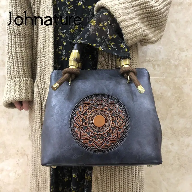 Johnature Retro Luxury Handbags Women Bags Designer 2022 New Handmade Embossed Shoulder Bags Casual Ladies Leather Bag