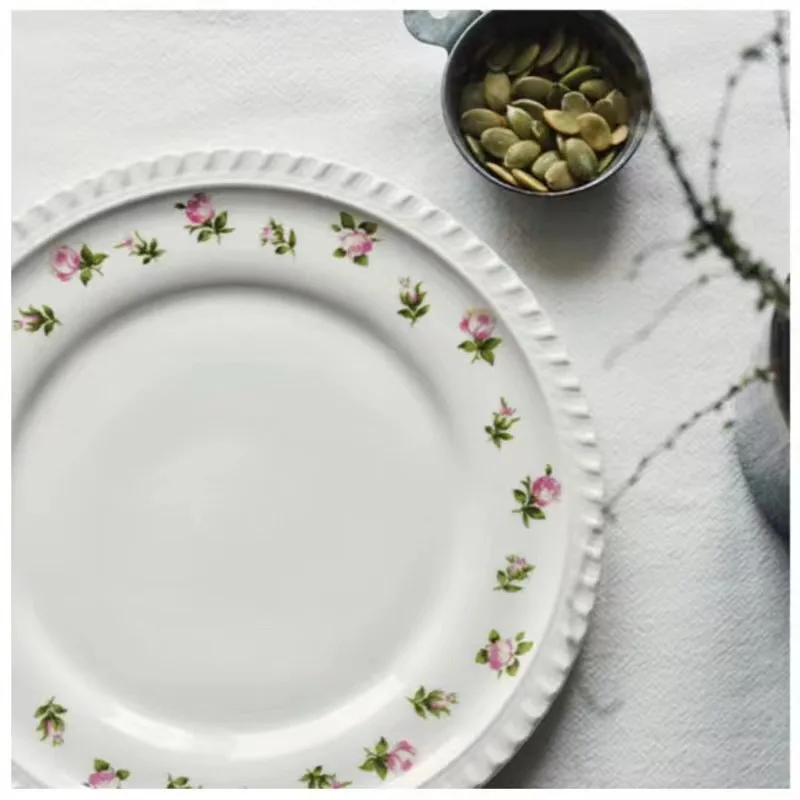 

Romantic French Rose Ceramic Plate Relief Lace Fresh Dessert Salad Breakfast Plates Simple And Generous Tableware Vajilla