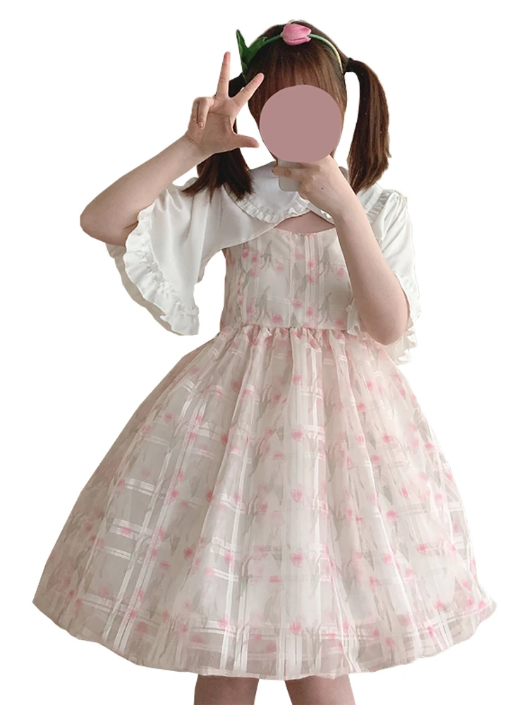

2022 японское кавайное Цветочное платье лолиты, милое сказочное платье принцессы с высокой талией на бретелях, летние милые платья без рукаво...