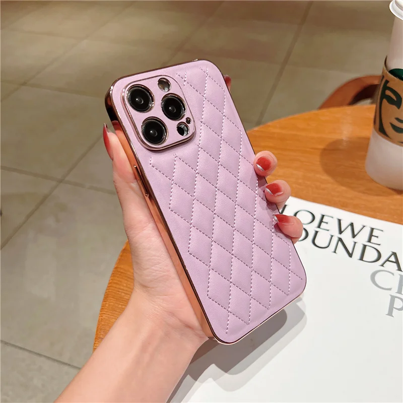 

for iPhone 14 Pro Max Case Luxury Gold Plated Quilted Diamond Leather Cases For iPhone 14 Plus Chic Electropated Phone Cover