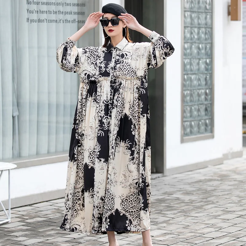 

SuperAen Retro Plus Size Spring 2022 High Waist Turn Down Collar Lantern Sleeve Big Swing A Line Casual Dresses Women