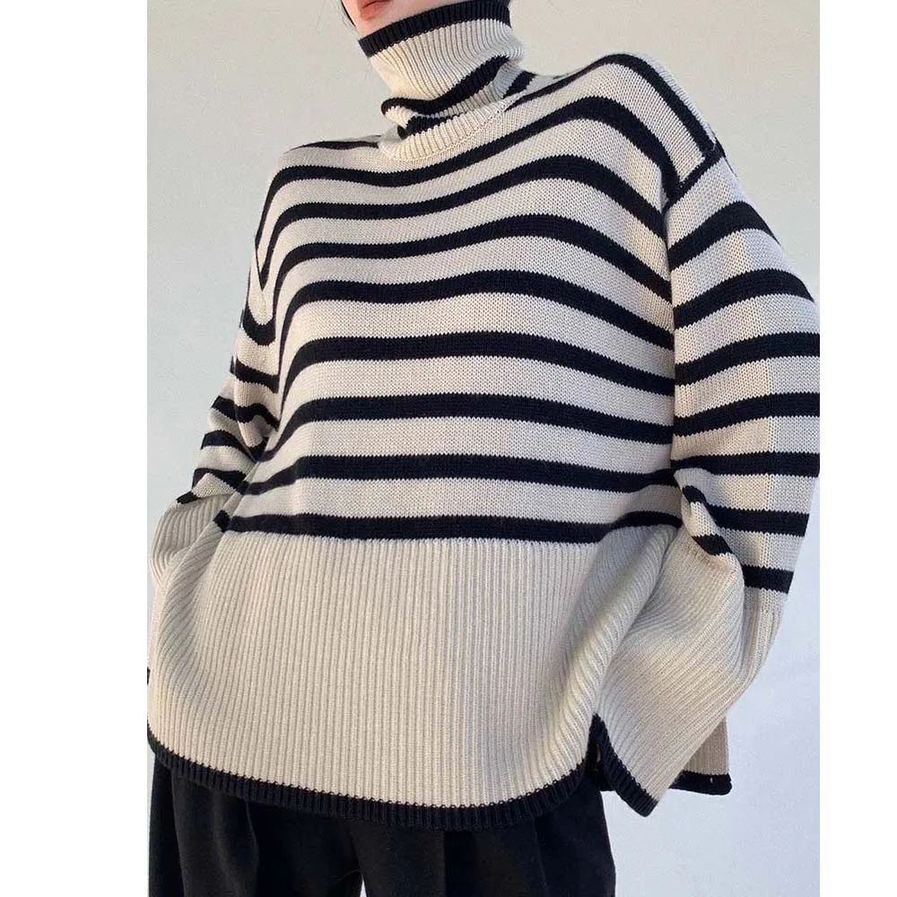 Женский трикотажный Свободный Топ в полоску с разрезом и расклешенными рукавами