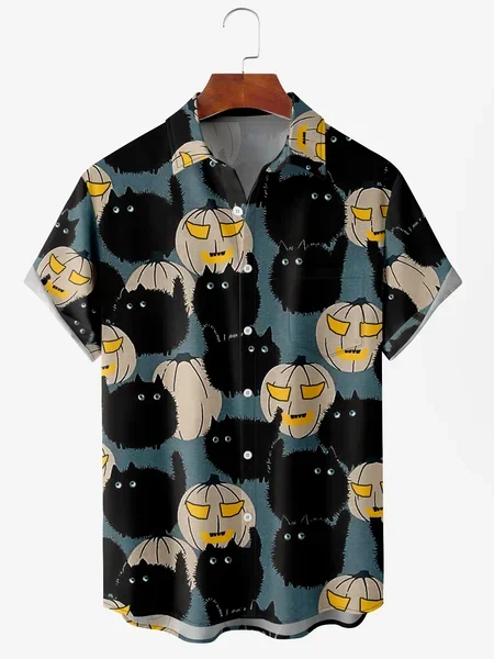 

Men's Pumpkin Cat Print Wrinkle Resistant Moisture Wicking Fabric Lapel Short Sleeve Hawaiian Shirt, Blue, Men's Floral shirt