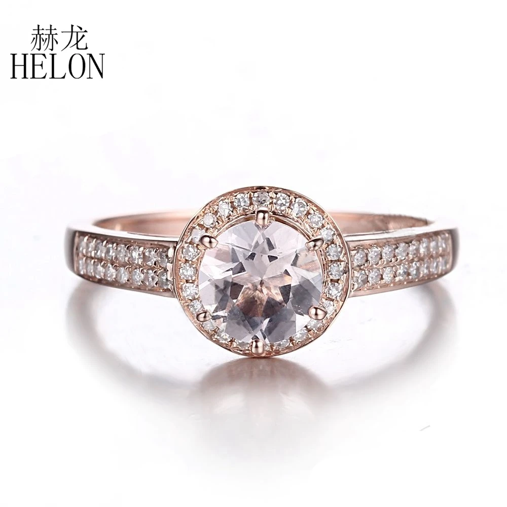 

HELON Solid 14k 10k Rose Gold Round 6mm Genuine Natural Morganite Diamonds Engagement Wedding Ring Women Fine Jewelry Best Gift