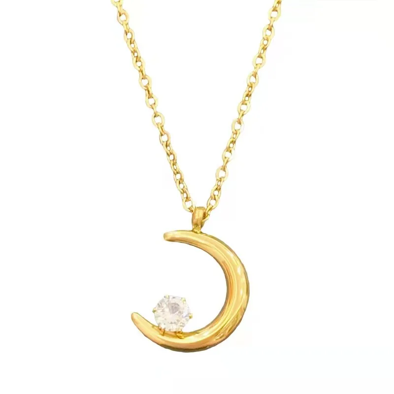 

Elegant Retro Gold Crescent Shape Encrusted Zircon Necklace Stainless Steel Indelible Jewelry Style For Men And Women