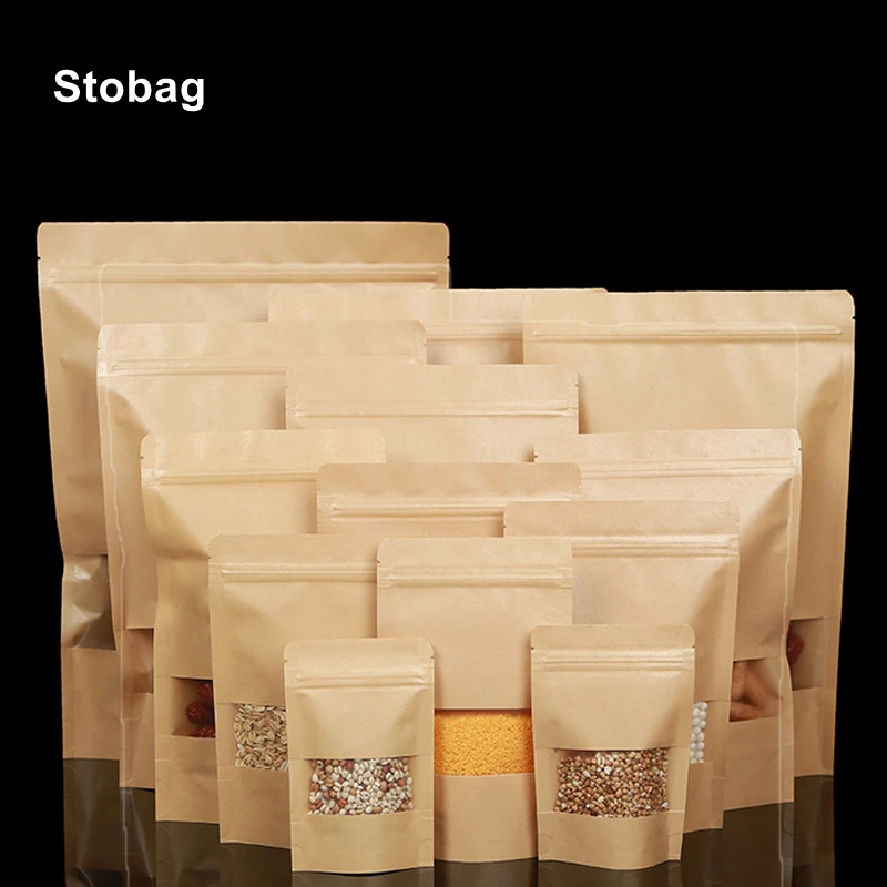 

StoBag Kraft Paper Food Packaging Ziplock Bag with Window for Candy Tea Snack Dried Fruits Nuts Storage Gift Pouches Reusable