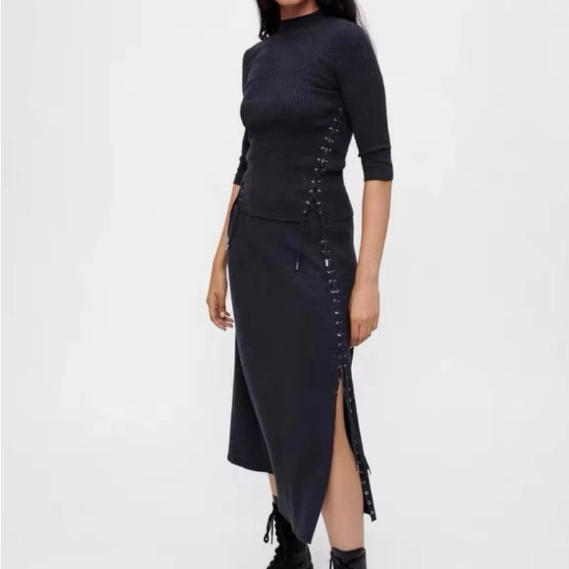 Round Neck Mid-sleeve Solid Color Knit Top + High-rise Hip Skirt 2022 New Solid Color Knit Skirt Suit for Women High Quality