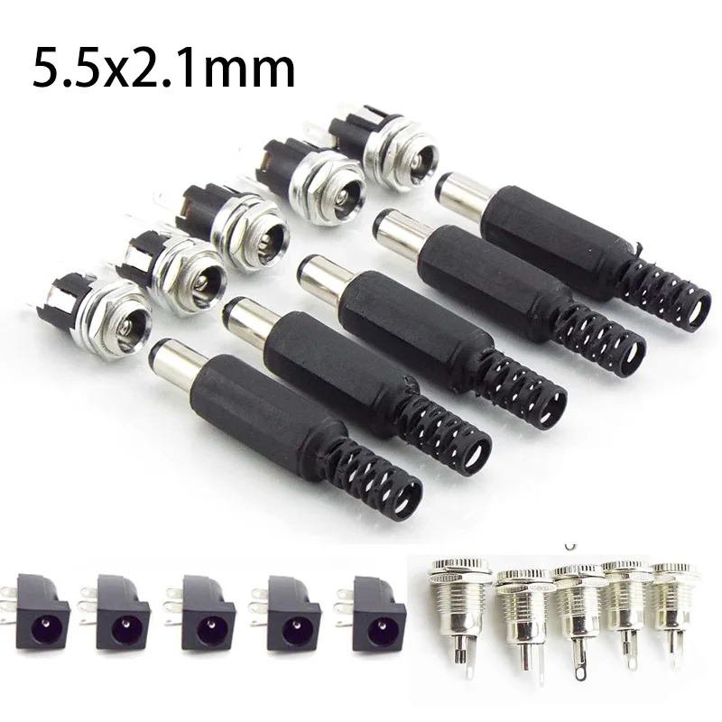 

12V 5.5 x 2.1mm DC Male Plugs DC022 DC 099 Power Socket Female Jack Screw Nut Panel Mount Connector 5.5*2.1MM Panel diy Mount
