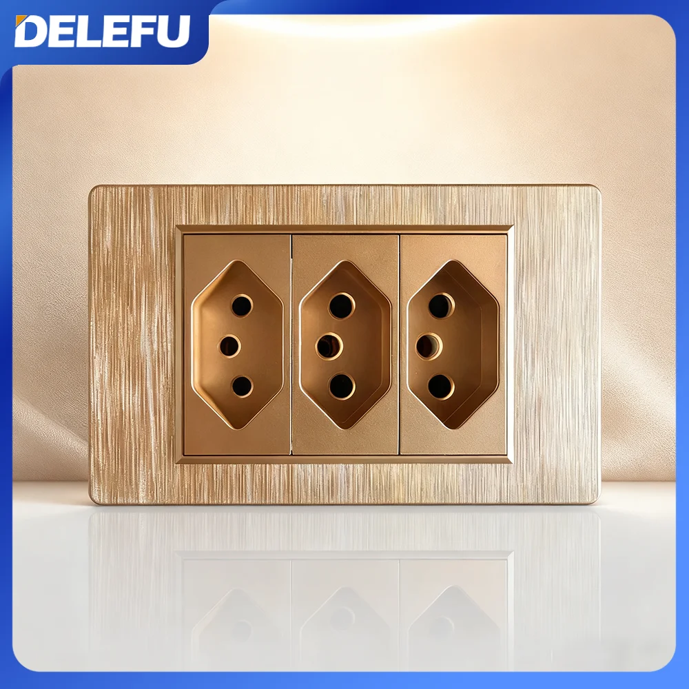 DELEFU Ouro À Prova de Água PC Escovado Brasil Tomada Padrão Dupla USB Tipo C Tomada de Parede Luz Acende
