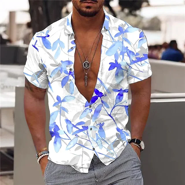 Hawaiian Shirt For Men Vacation Daily Slim Fit Tops Gym Elegant Flower Pattern Leaves Social Casual Fashion Camisa Y2k Clothing 3