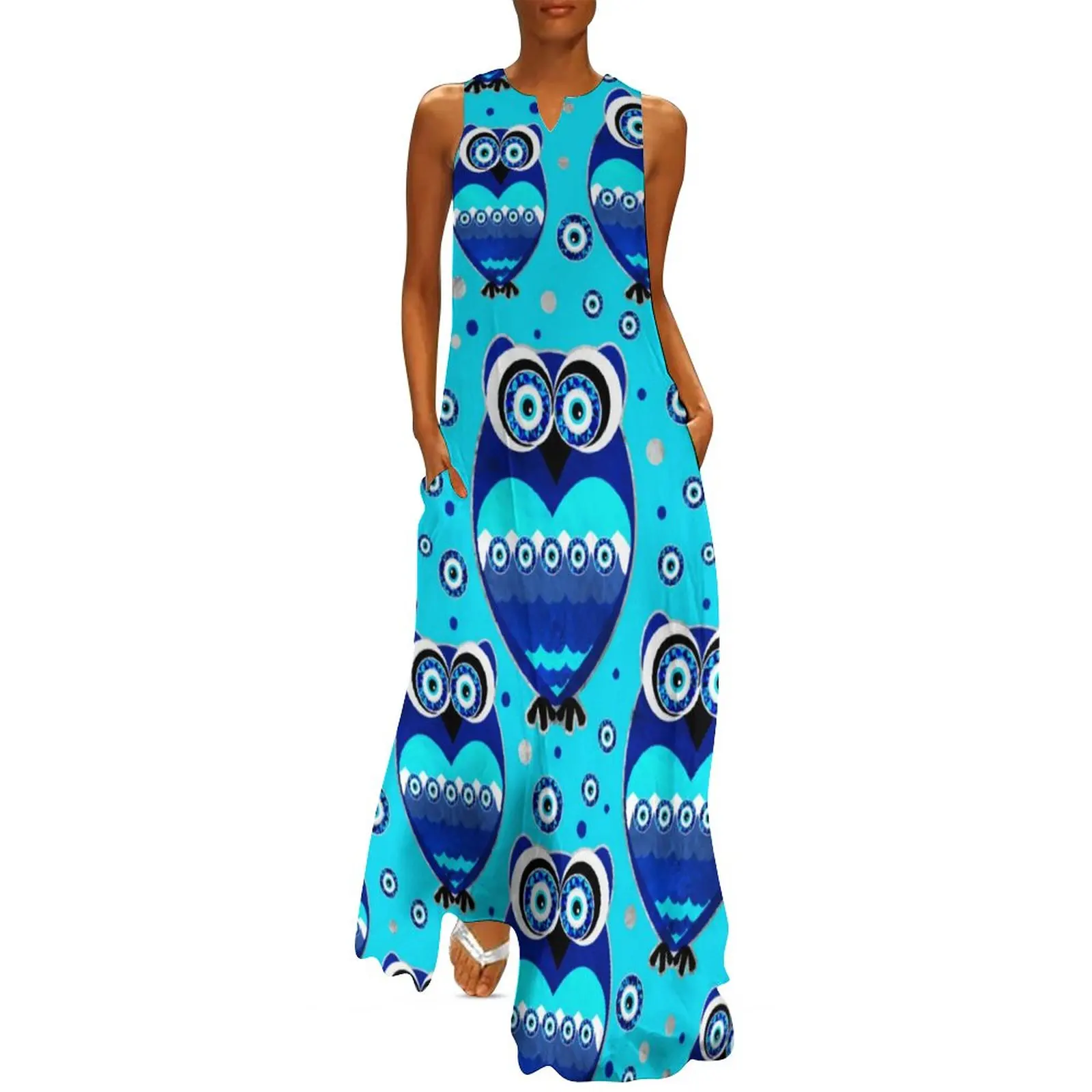 

Blue Owl Dress Cute Bird Evil Eye Party Maxi Dress Street Fashion Casual Long Dresses V Neck Print Clothing Big Size 4XL 5XL