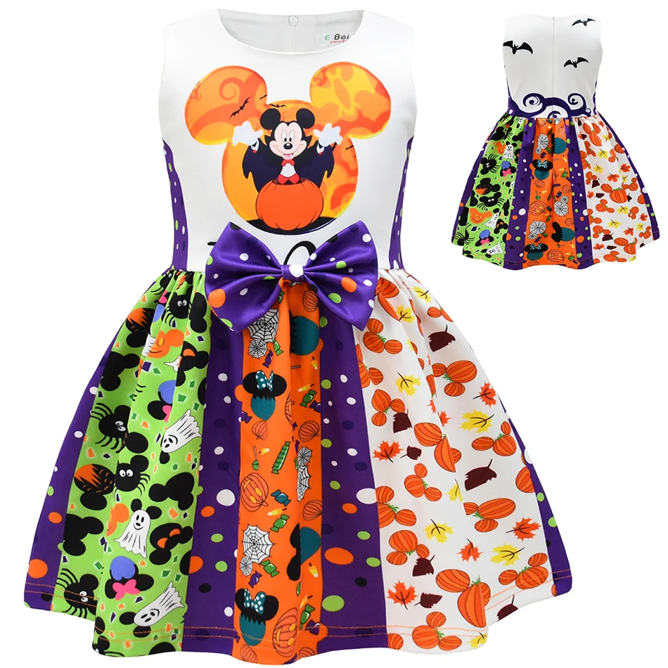 Halloween Ghost Pumpkin Bat Printed Girl Dress Sleep Dresses Cartoon Kid Dress for Halloween Party Gift Clothing Headbands