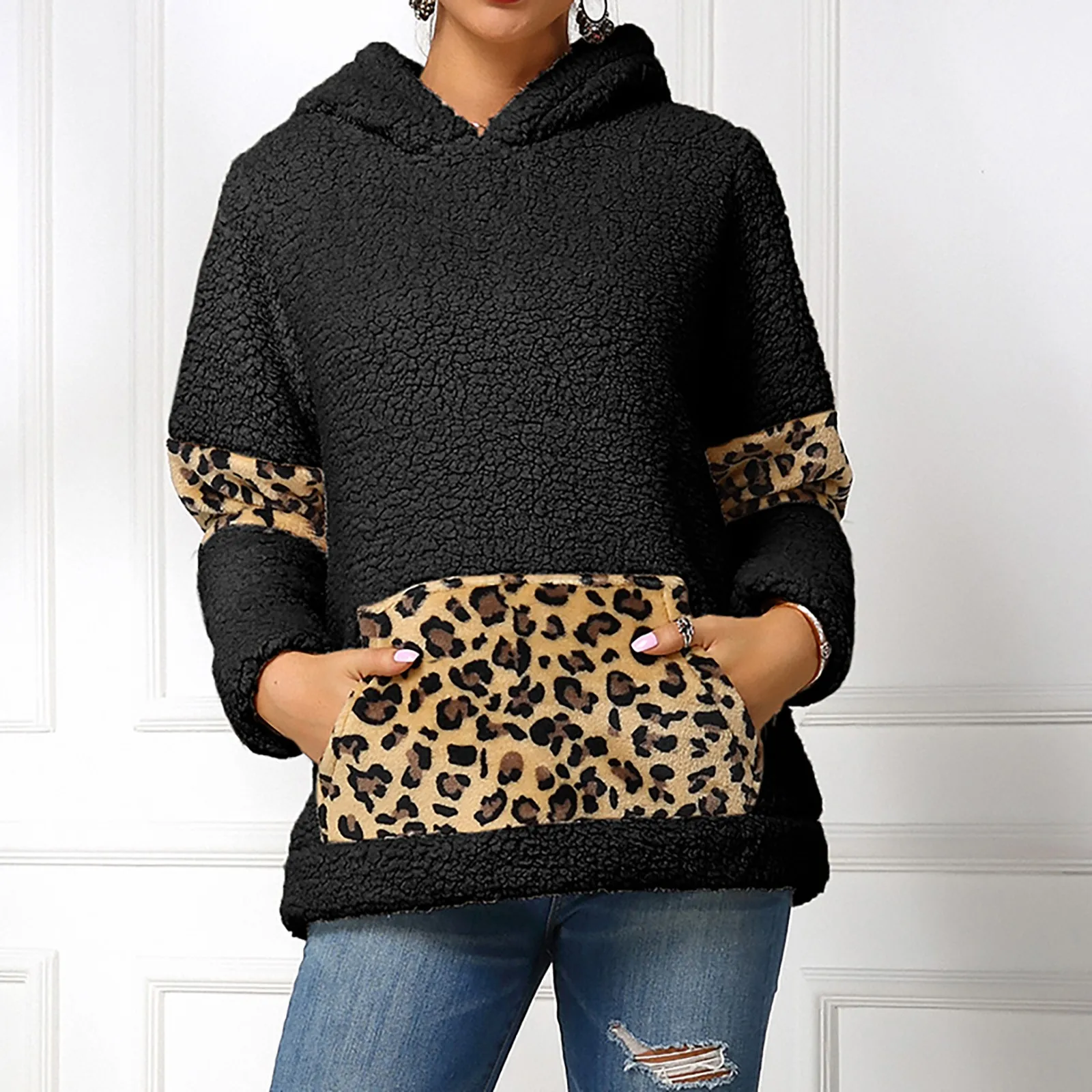 

Long Hoodie for Women Women's Winter Sweatshirt Leisure Leopard Printed Pocket h Round Womens Long Sleeve Turtleneck Tops